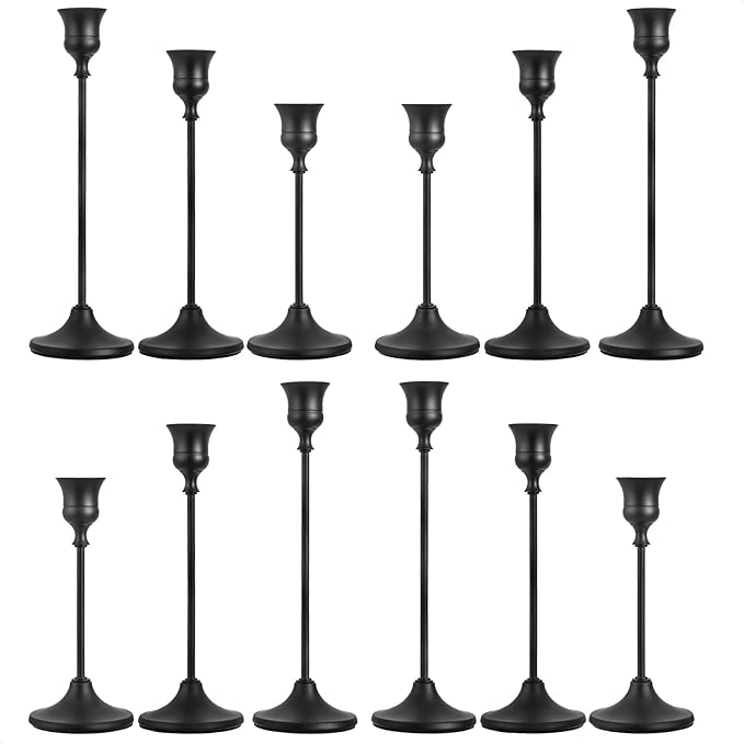 CHILL RECIPE Black Candlestick Holder Tall Taper Candle Holder for Home Decor Table Centerpiece Party Festival Decorations Halloween Decoration (4 Set 12Pcs)
