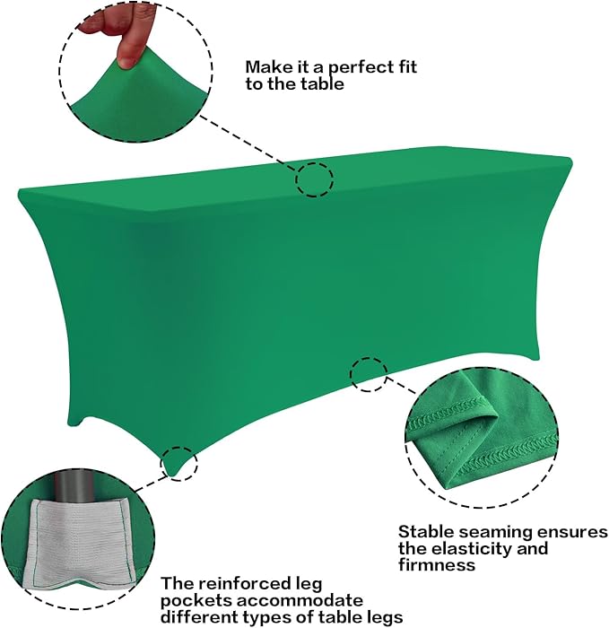IVAPUPU 2 Pack 8FT Table Cloth for Rectangular Fitted Events Stretch Emerald Green Table Covers Washable Cover Spandex Tablecloth Protector for Party, Wedding, Cocktail, Banquet, Festival