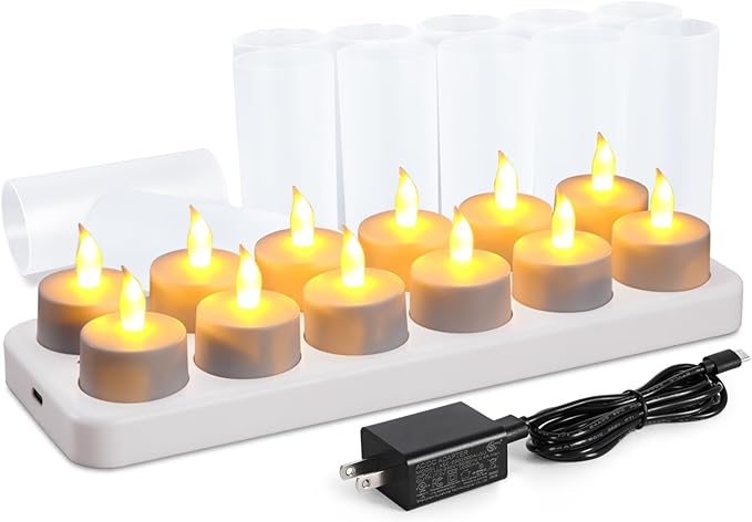 WoneNice USB Rechargeable Flameless Candles, 12 Pack LED Tea Lights with Charging Dock & AC Adapter, Safe Battery Operated Fake Votive for Wedding Christmas Lanterns Emergency Home Decor