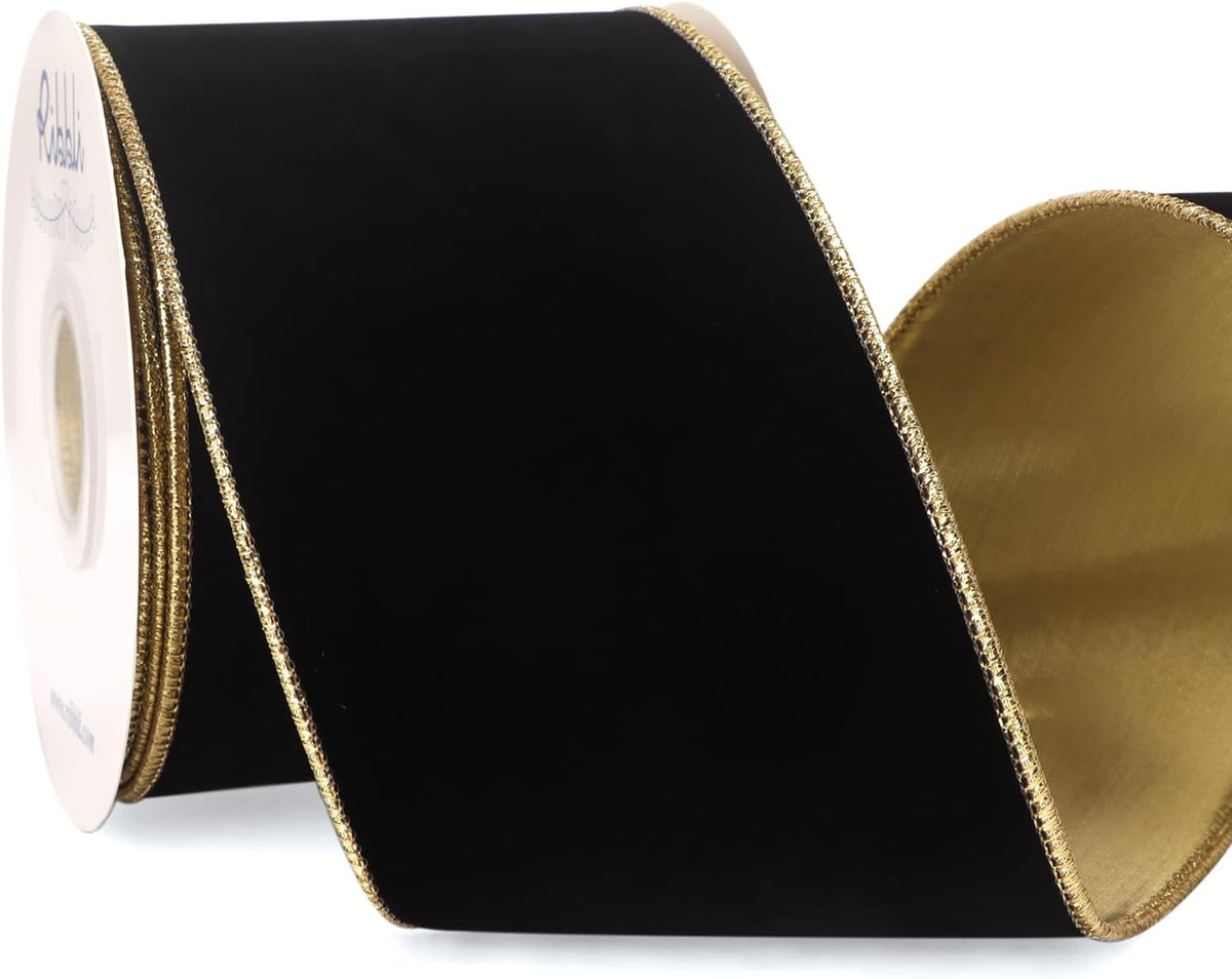 Ribbli Black Velvet Wired Ribbon 4 Inch Luxury Matte Velvet Christmas Ribbon for Gift Wrapping Christmas Tree Decoration Crafts Wreaths Supplies - 10 Yards