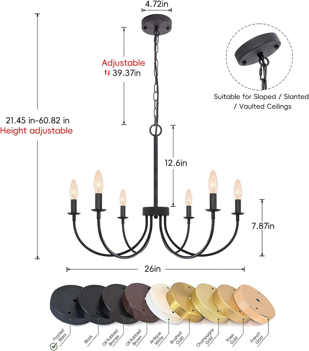 6 Light Black Farmhouse Chandelier, 26" Dining Room Light Fixtures