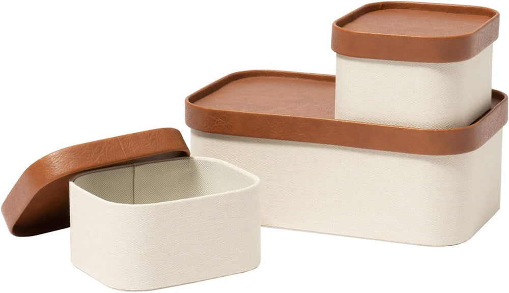 LA JOLIE MUSE Decorative Storage Boxes with Lids Faux Leather, Beige 3 Pack