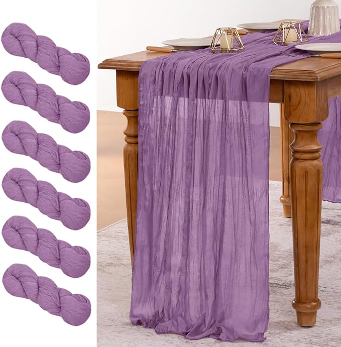 MLMW 6 Pack Fall Table Runner Purple Cheesecloth Boho Rustic Sheer Cheese Cloth Table Runner 160 inch 13.3ft for Halloween Wedding Party Baby Bridal Shower Birthday