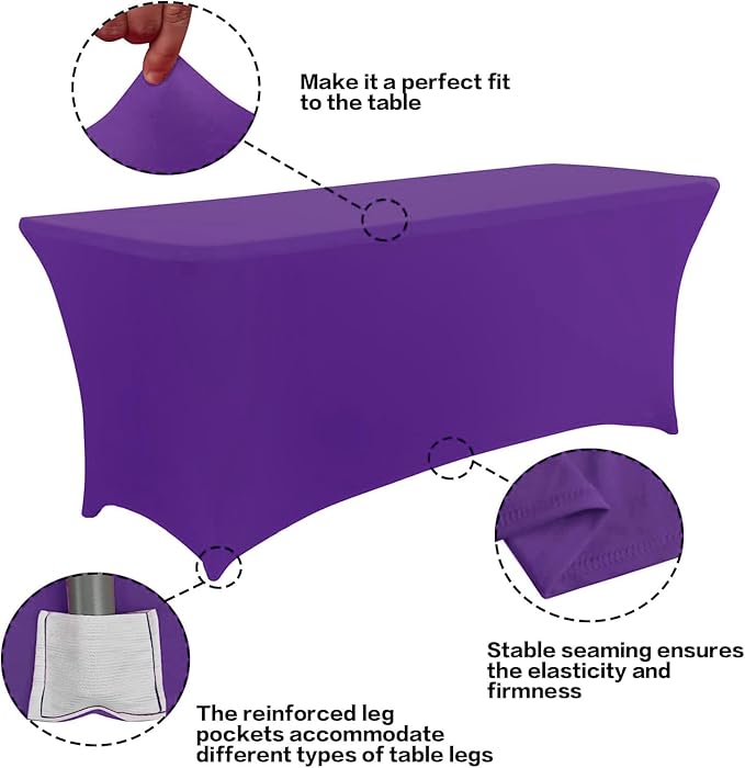 IVAPUPU 2 Pack 6FT Table Cloth for Rectangular Fitted Events Stretch Purple Table Covers Washable Spandex Tablecloth Protector for Party, Wedding, Cocktail, Banquet, Festival