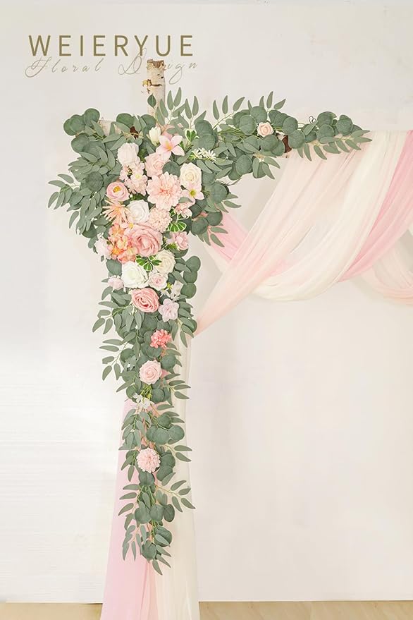 Deluxe Pink Artificial Wedding Arch Flowers with Drapes Kit-Pack of 5, 2pcs Flower Arrangements 3pcs Hanging Sheer Drapes Blue Ceremony Arbor Reception Backdrop Rose Floral Decorations.