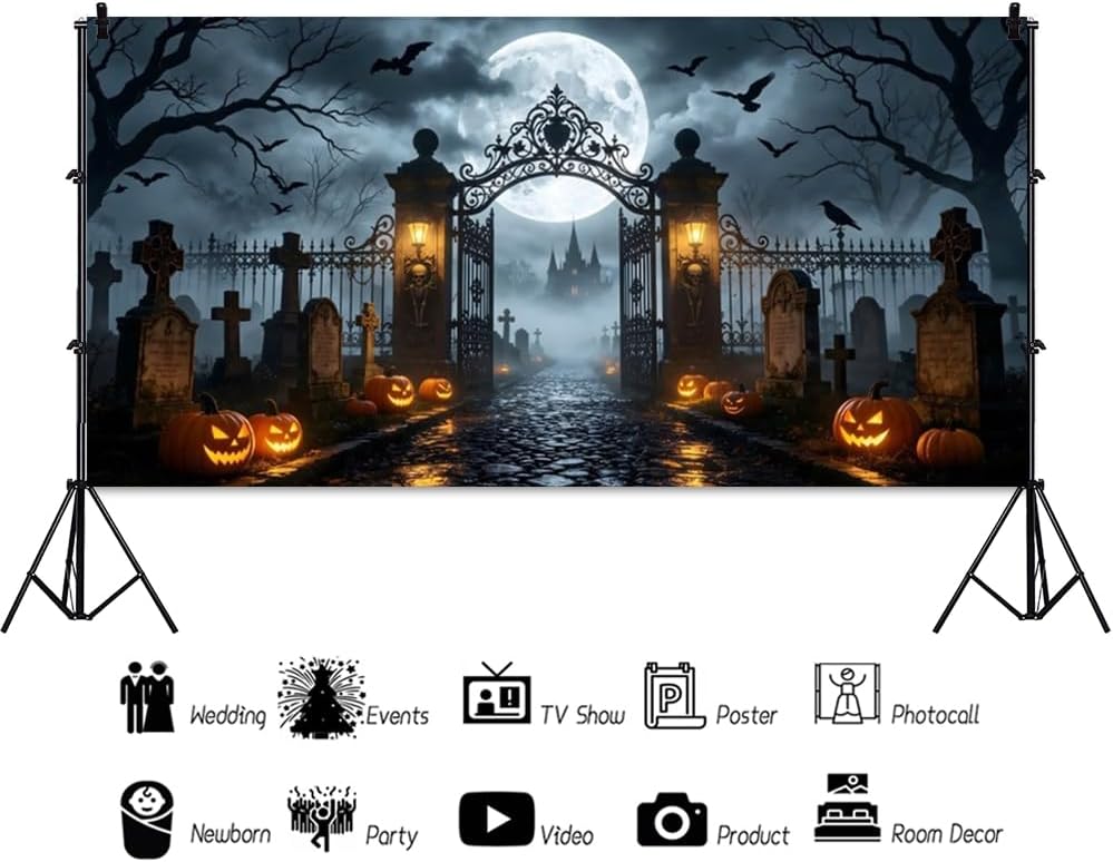 20x10ft Horror Castle Iron Gate Scary Full Moon of Night Backdrop