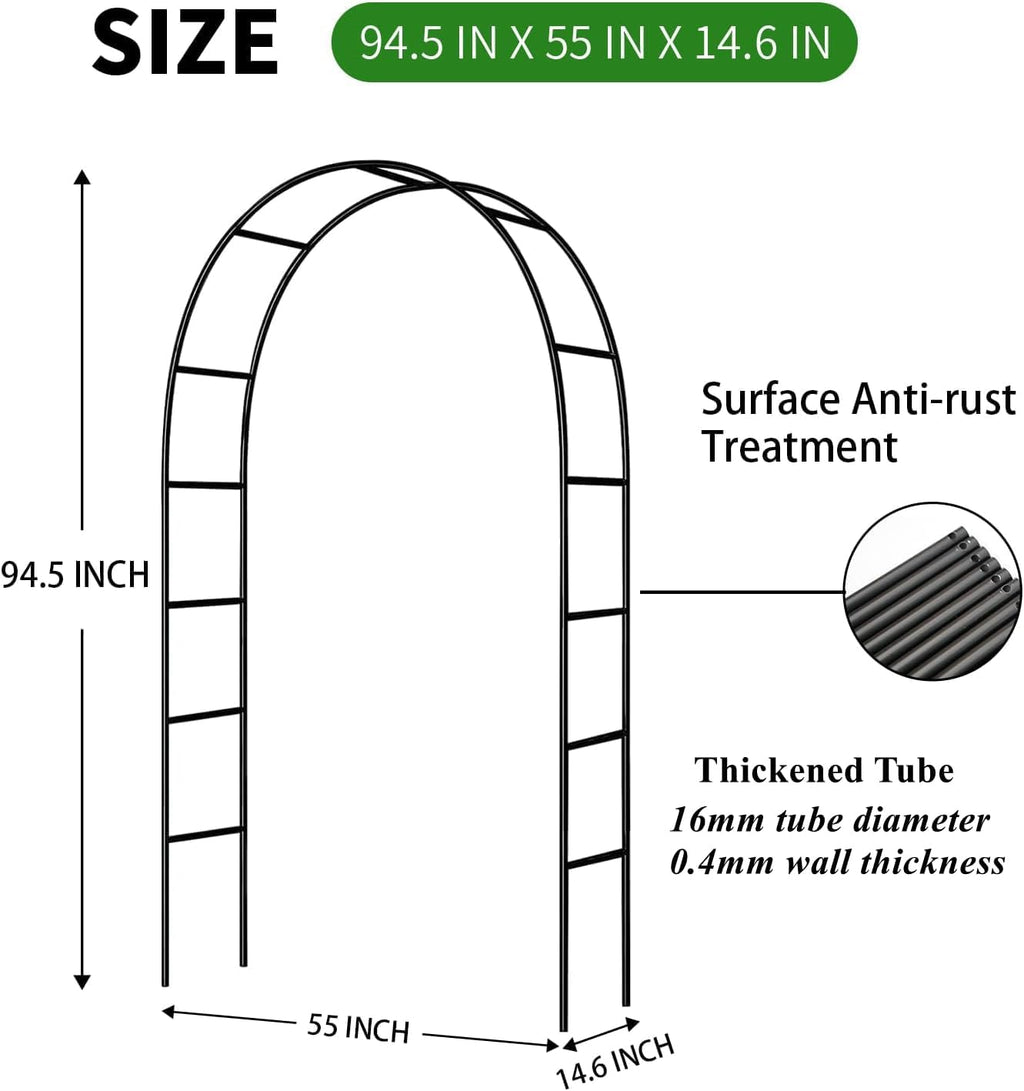 Metal Garden Arch Arbor, 94.5" H x 55" W, Black Powder-Coated Iron