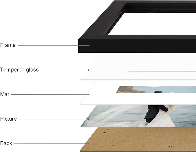 9x12 Picture Frame Set of 4 with Tempered Glass, Black Frames Display 6x8 Picture with Mat or 9 x 12 Without Mat, Wood Photo Frames for Tabletop Display and Wall Mounting