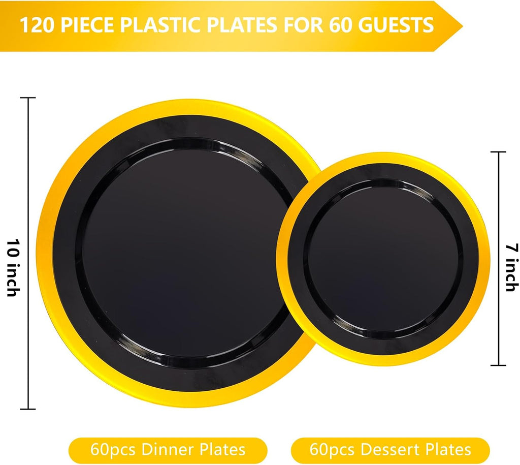 supernal 120-Pack Black and Gold Plastic Plates, 60 Guests Disposable Dinnerware Set (10.25" & 7.5"), Heavy Duty Elegant Party Plates for Graduation 2026, Wedding & Birthday