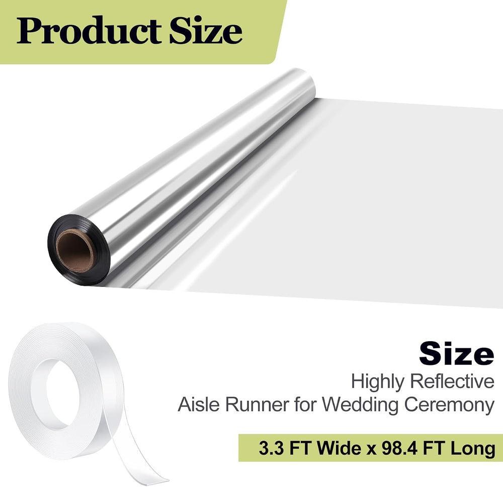 3.3ft x 98.4ft Mirror Rug Aisle Runner for Wedding,Double Sided Bright Reflec...