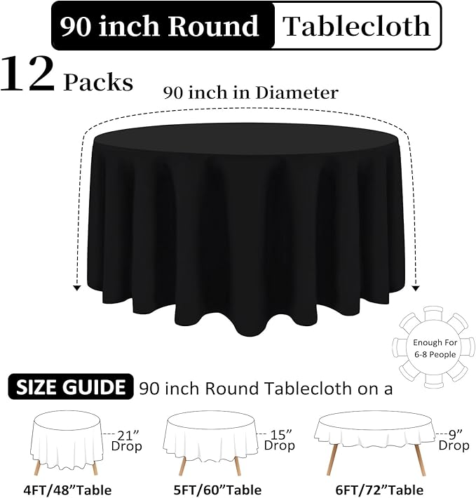 12 Pack Black Round Tablecloth 90 Inch Black Table Cloth Stain and Wrinkle Resistant Reusable and Washable Polyester Fabric Table Covers for Buffet Wedding Party and Banquet