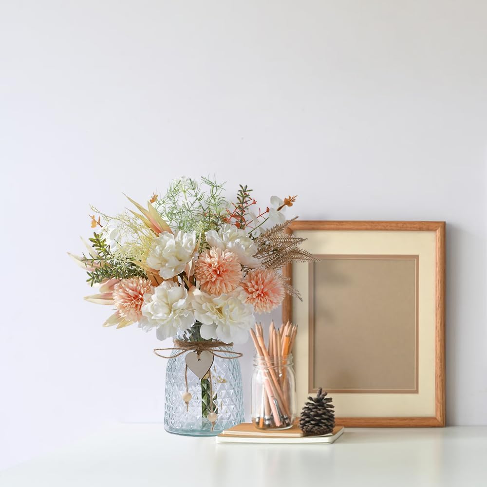Faux Peony Flowers Arrangement with Vase, 14.5''(Peony White Pink)