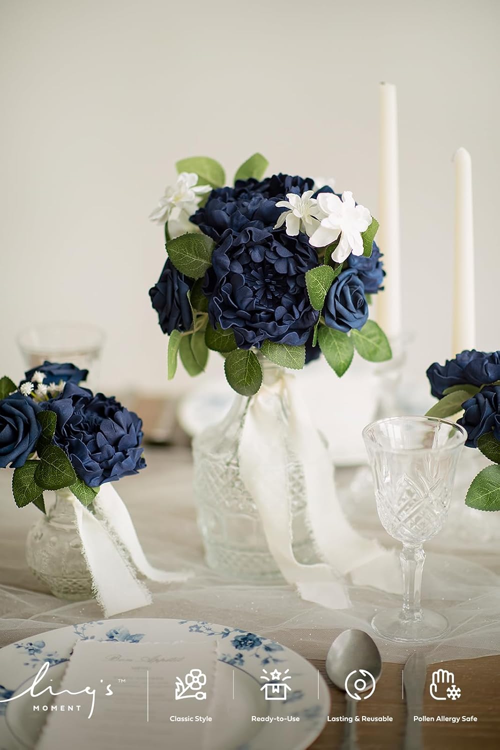 Ling's moment Flowers 16pcs Navy Blue Blooming Peonies Artificial Flowers...