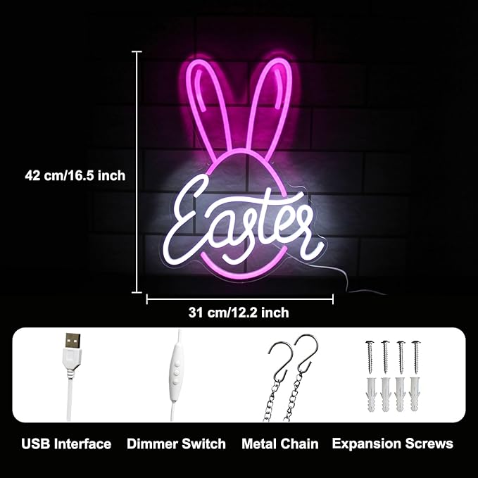 Easter Bunny Egg Neon Sign Pink Rabbit Ears Neon Light Easter Day LED Neon Signs for Wall Neon Lights Signs for Bedroom Bar Party Decor Kid Gift