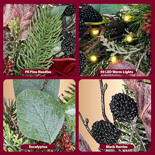 24 Inch Pre-Lit Artificial Christmas Wreath for Front Door Welcome - Realistic Frosted Eucalyptus Black Berries Red Velvet Bow - 50 LED Battery Operated Timer for Indoor Outdoor Modern Farmhouse