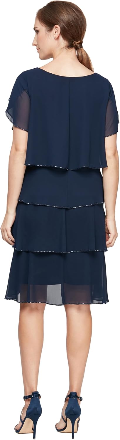 S.L. Fashions Women's Short Sleeve Tiered Cocktail Dress with Beaded Edge