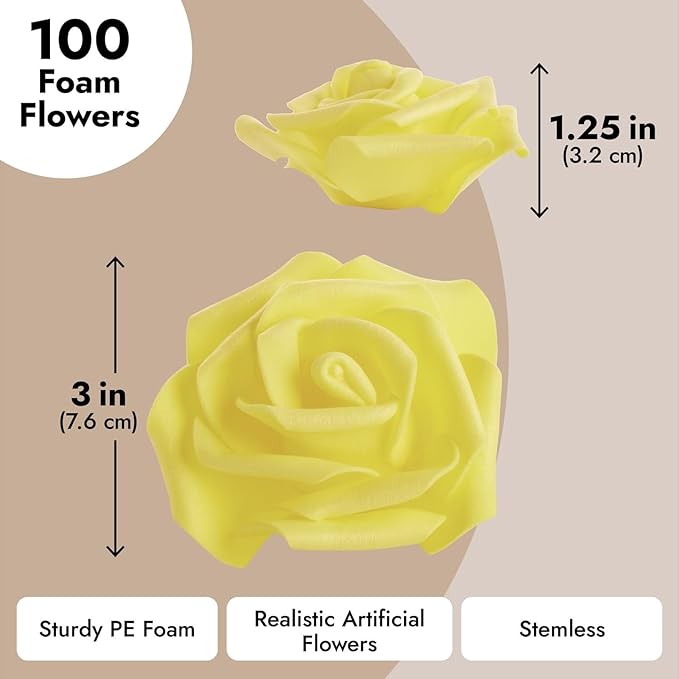 Juvale Artificial Foam Roses - 100-Pack Stemless, Yellow, 3-Inch Diameter - Faux Flowers for Vase Displays, Wedding Decor & Centerpiece Table Decorations