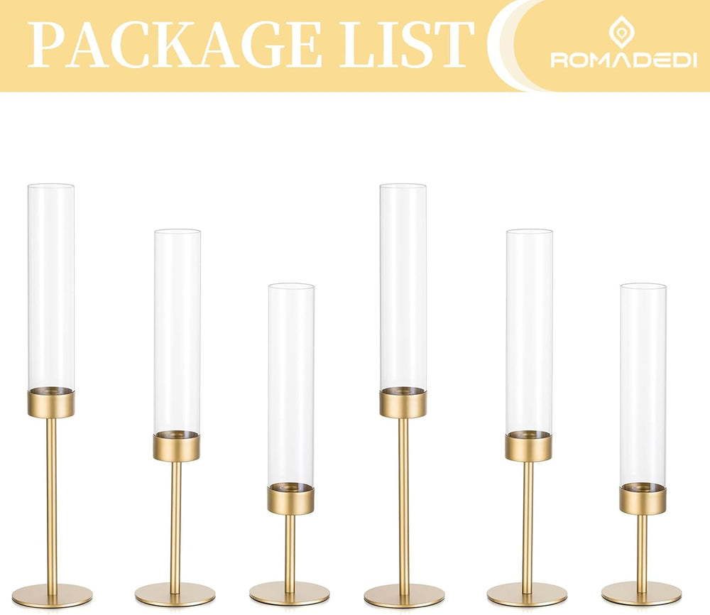 Romadedi Glass Hurricane Candle Holders for Candlestick, Gold, Set of 6