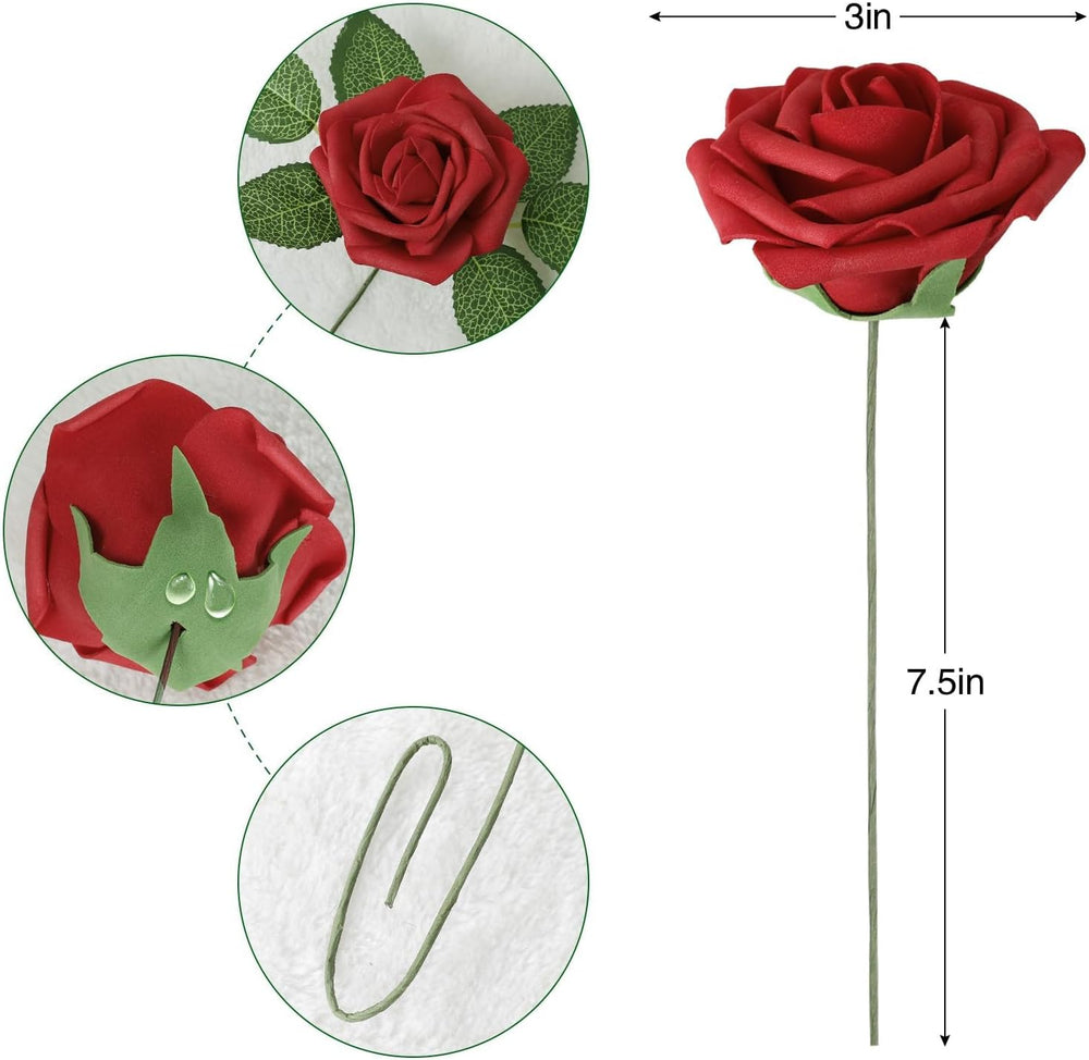 AmyHomie Dark Red Rose 100pcs Real Looking Artificial Flowers w/Stem