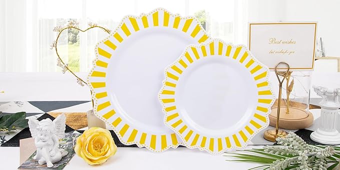 COLOSUS 150pcs Disposable White Lemon Yellow Striped Plastic Party Plates and Silverware set, Yellow Dinner/Dessert Plates silverware 30guests for Easter Birthday Weeding Party and Daily use.