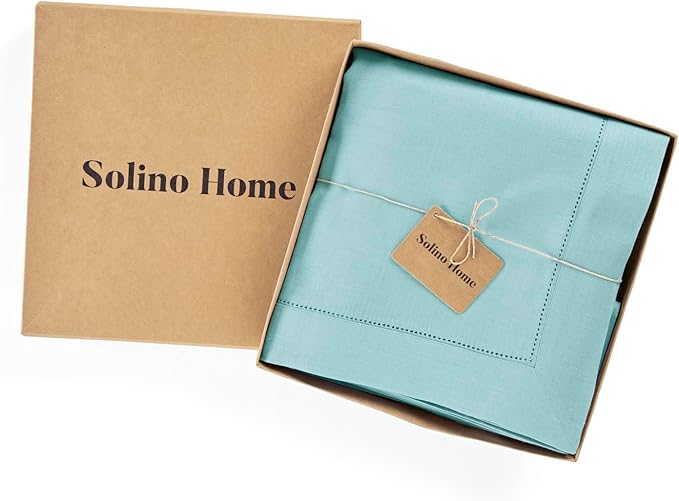 Solino Home Linen Tablecloth for Rectangle Tables 60 x 120 Inch - Classic Hemstitch 100% Pure Linen Aqua Blue Table Cloth - Machine Washable Cloth Tablecloth for Christmas, Holiday