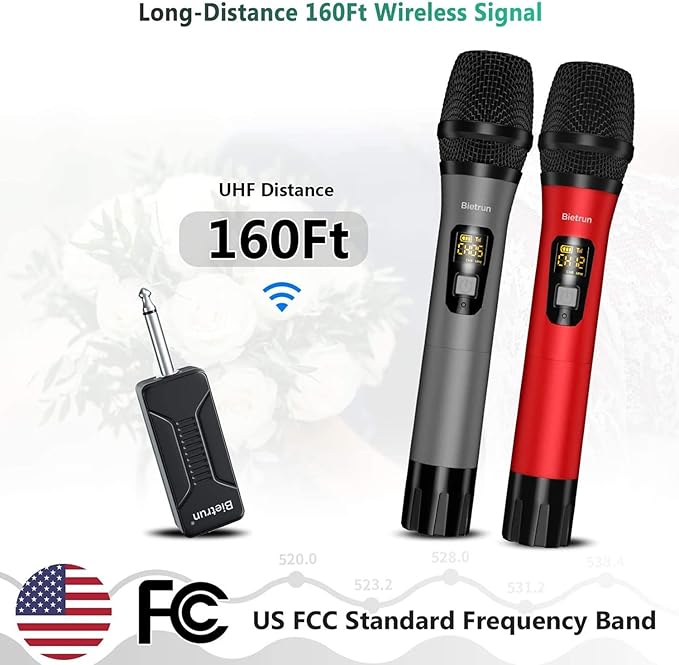 Bietrun Wireless Microphone, Professional UHF Metal Dual Handheld Cordless Dynamic Mic System Set with Rechargeable Receiver, 1/4‘’Output, Plug and Play, Instrument-Wireless-Mics for Karaoke, Wedding