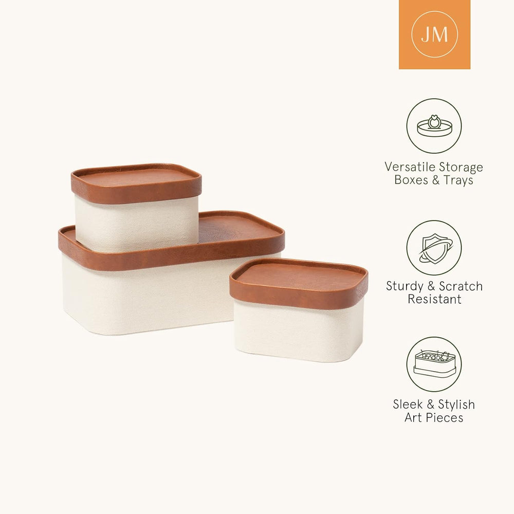 LA JOLIE MUSE Decorative Storage Boxes with Lids Faux Leather, Beige 3 Pack