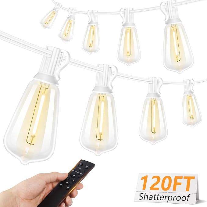 Brightever 120FT LED Outdoor String Lights with Remote, Patio Lights Outdoor Waterproof with 38 Shatterproof Edison Bulbs, Dimmable Outside Hanging Light for Birthday, Party, Christmas Decor, White
