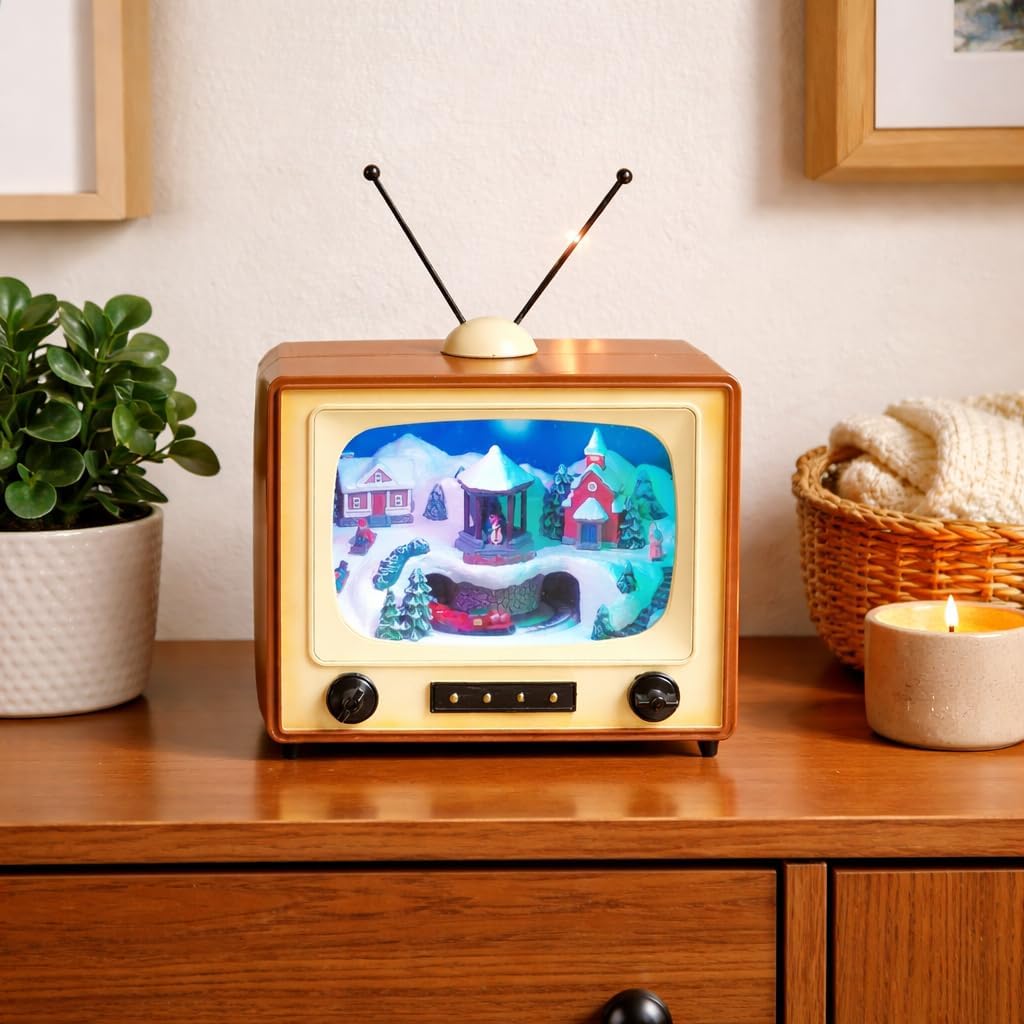 moments in time 6" retro tv christmas village, close-up detail