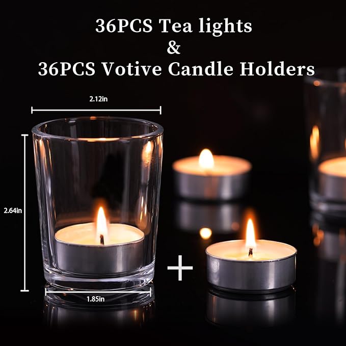 36Pcs Clear Tealight Candle Holder with 36pcs Tea Light Candles, Votive Candle Holders Glass with 4.5 Hour Long Burning for Table Centerpiece, Wedding Decor, Propose Party Home Decor