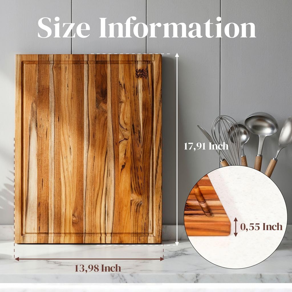 teak wood cutting board 18" x 14" x shown in use