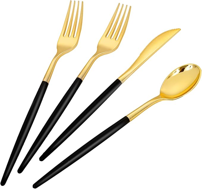 SUT Gold Plastic Silverware (160Pcs) Forks and Spoons Disposable, 80 Gold Plastic Forks, 40 Gold Knives, 40 Gold Spoons, Black and Gold Utensils Set Disposable for Parties, Weddings,New Year,Halloween