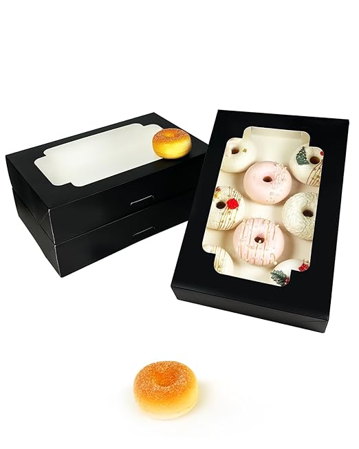 qiqee Auto-pop up Black Cookie Box with Window 12x8x2.5 inch 32 Packs Two Uses One Second Folding Pastry Biscuit Bakery Box for Packaging