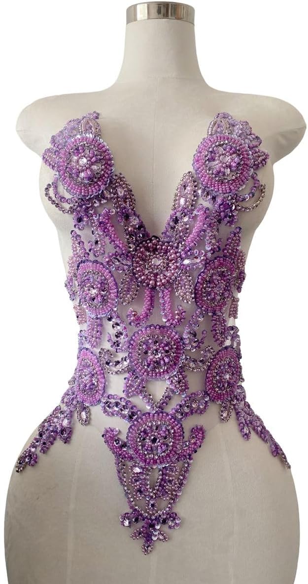 Pure Handmade Bodice lace Rhinestones Applique Sewing Stones Beads Crystal Tr...