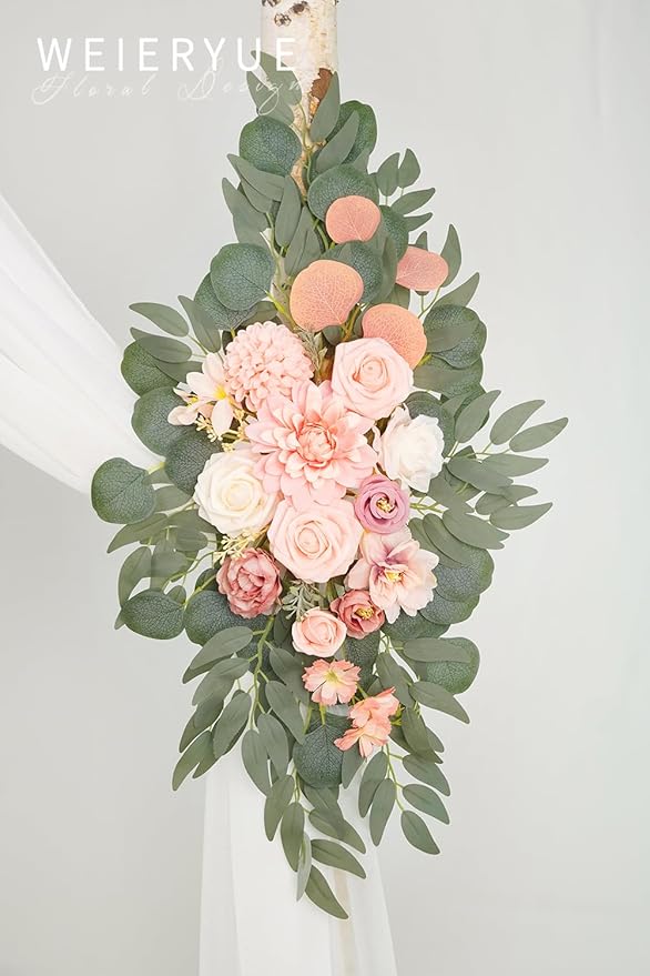 Artificial Wedding Arch Flowers Kit(Pack of 3),2Pcs Artificial Flower Arch Decor,1Pcs Sheer Drape for Wedding Ceremony Arbor for WeddingCeremony (Romantic Pink)