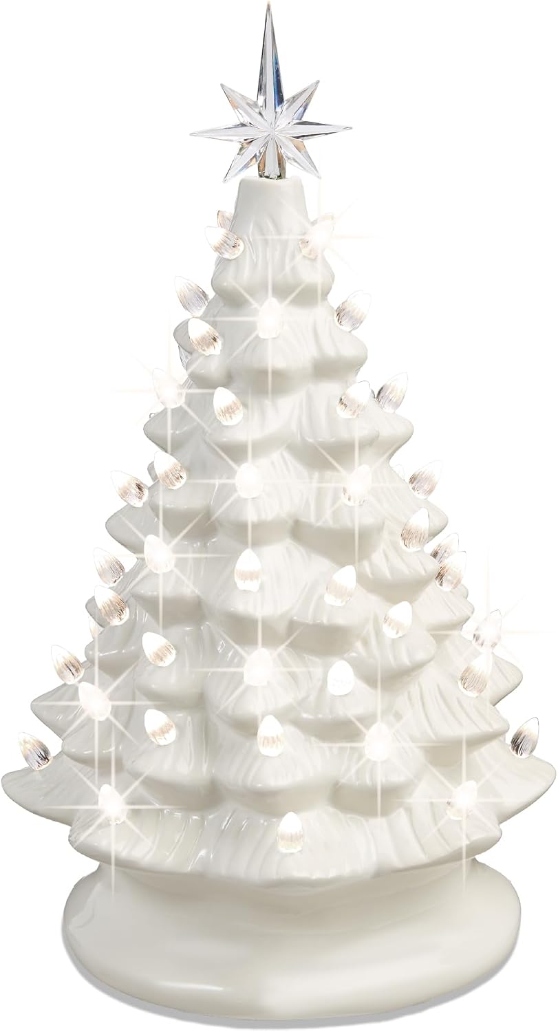 Best Choice Products 15in Ceramic Christmas Tree, Pre-lit Hand-Painted Tabletop Holiday Tree, 2 Star Toppers, 64 Lights - White w/Warm White Bulbs