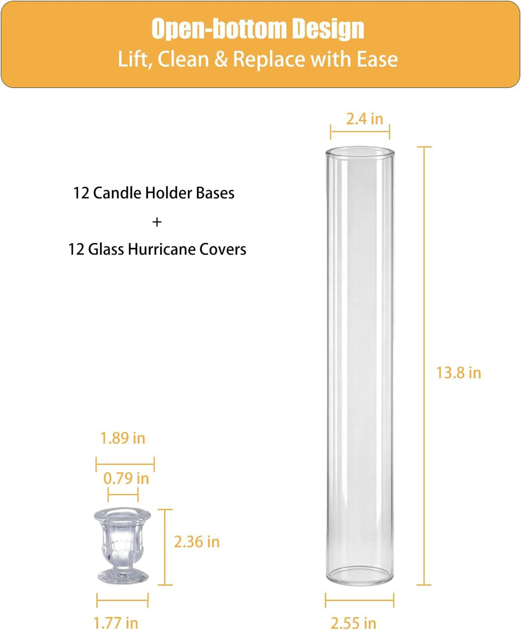 Glass Hurricane Candle Holders – 12 Clear Cylinder Covers & 12 Taper Candlestick Holders, 2.6" D x 13.8" H Windproof Candle Holders for Wedding, Patio Table, Outdoor Christmas Party Décor (12) (12 Pack)