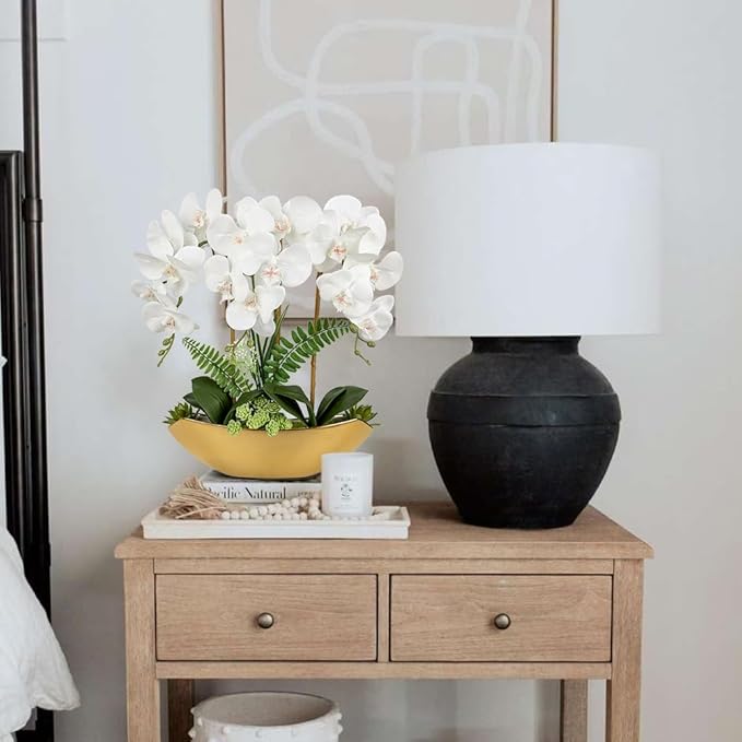 Briful Orchid Fake Flowers 18in White Artificial Orchid Silk Flowers in Gold Pot Faux Orchid Arrangement for Home Office Bathroom Dining Table Modern Decoration