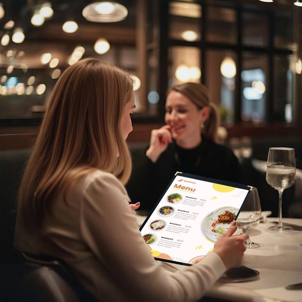 Goodsmart Pajco Style Restaurant Menu Covers – Pack of 10, Side-Loading Menu Holders, Single Stitched Edge, Clear Vinyl Menu Sleeves, Leatherette Trim, Gold Corners, Black, 1 View (8.5" x 11")