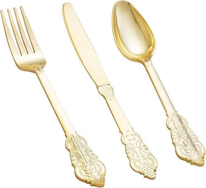 bUCLA 600 Pieces Gold Plastic Silverware - Plastic Gold Utensils - Heavyweight Disposable Cutlery - 200 Forks, 200 Spoons, 200 Knives for Party & Thanksgiving