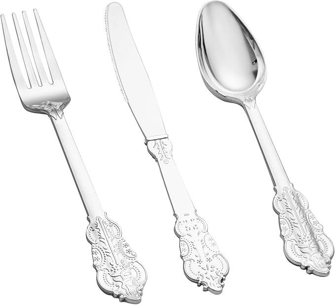 BUCLA 600PCS Silver Plastic Silverware - Heavy Duty Disposable Plastic Cutlery - Include 200 Forks, 200 Spoons, 200 Knives in Silver for Parties, Weddings & Christmas