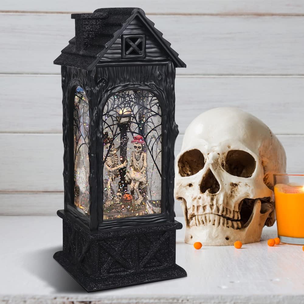 Eldnacele Halloween Ghost Projection Snow Globe Lantern with 6-Hour Timer, Lighted Plug-in & Battery Operated Water Glittering Snowing Globe Lamp for Spooky Fall Halloween Indoor Decoration(Skeleton)