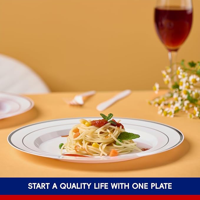 JOLLY CHEF 100 Pieces Silver Plastic Plates, 10 Inch Elegant Disposable White with Silver Rim, Plastic Plates for Dinner, Birthdays and Weddings