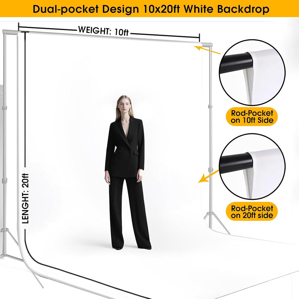 CPLIRIS 10x20ft White Backdrop for Photography, Dual-Size Dual-Pocket Design ...