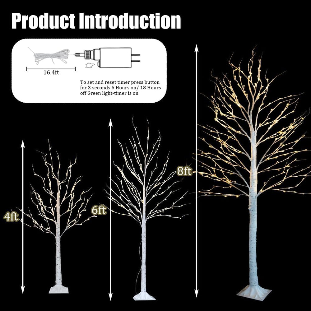 Set of 3 Lighted Birch Tree, 4FT 6FT 8FT White Artificial Christmas Tree with...
