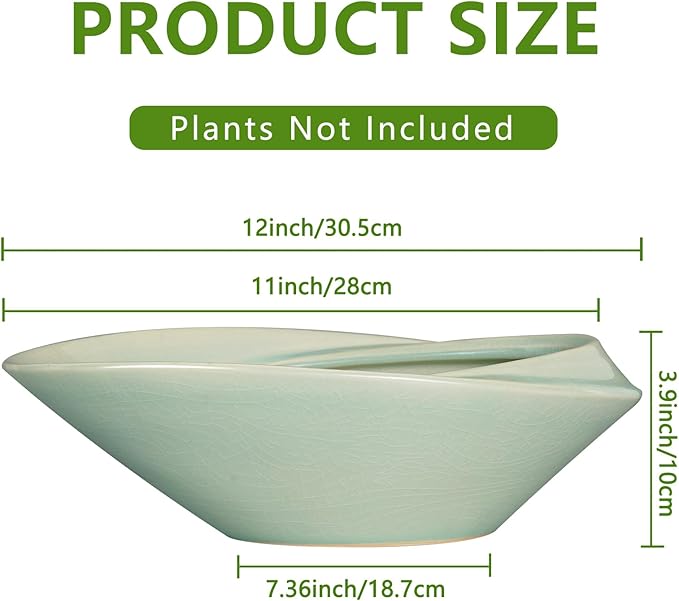 Bonsai Pot - 12 Inch Ceramic Planter Pot with Drainage Hole Large Modern Planter Decorative Glazed Succulent Plant Pot for Indoor Outdoor Plants Green