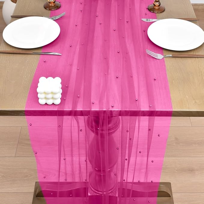 Joanlody Fall Fuschia Pearl Table Runner 10ft Rustic Boho Tulle Table Runner with Pearls for Baby Shower Wedding Party Veil Dessert Thanksgiving Table Decor Hot Pink 4pcs