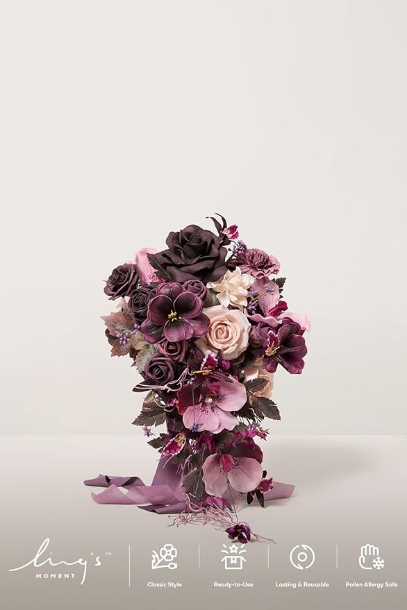 Ling's moment Purple Bridal Bouquet Cascading, Plum Wedding Bouquets for Bride, 13 Inch Bride Bouquets for Wedding Artificial Flowers Bouquets