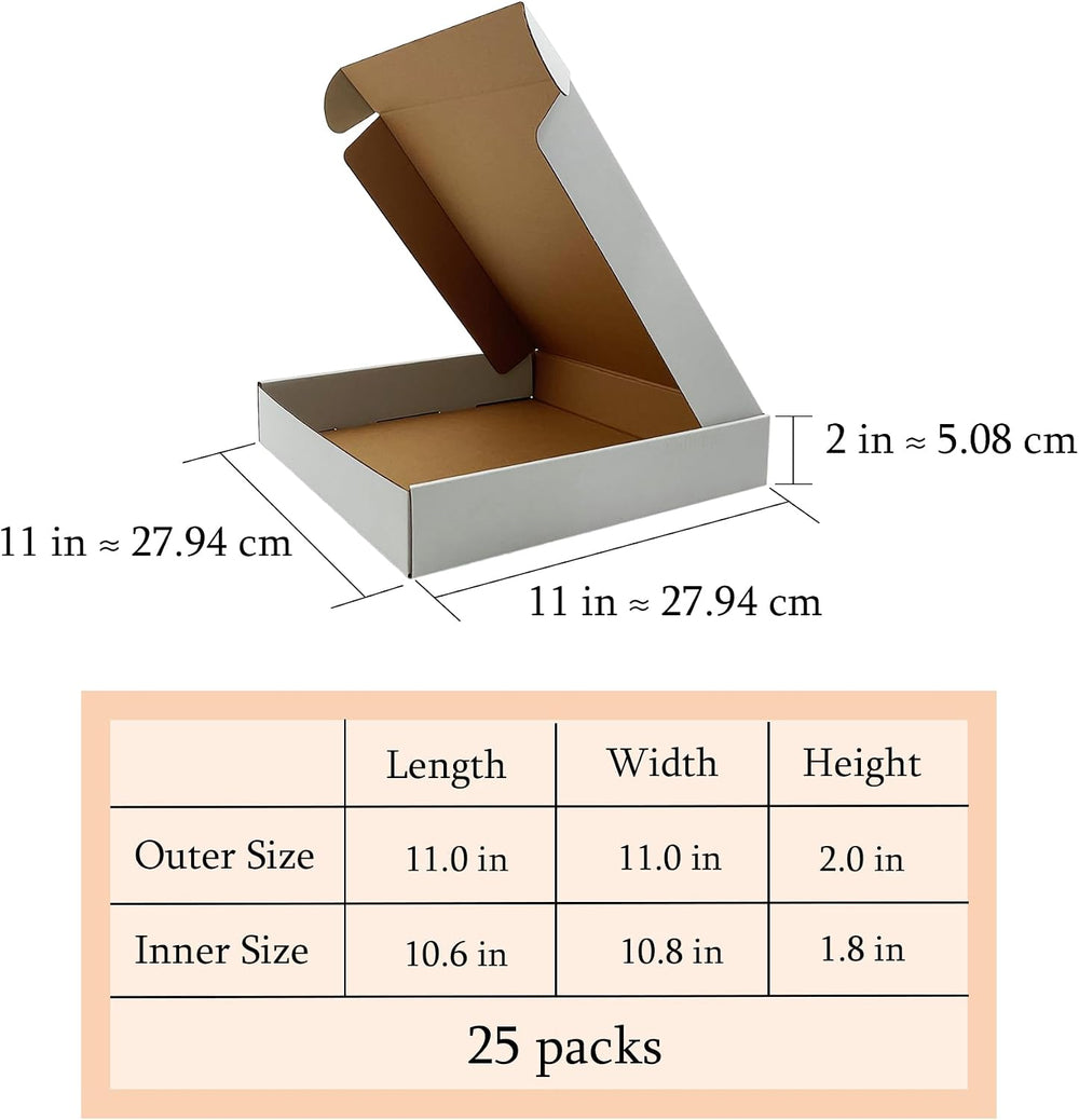 11x11x2 Inch Shipping Boxes Set of 25,White Corrugated Cardboard Mailers