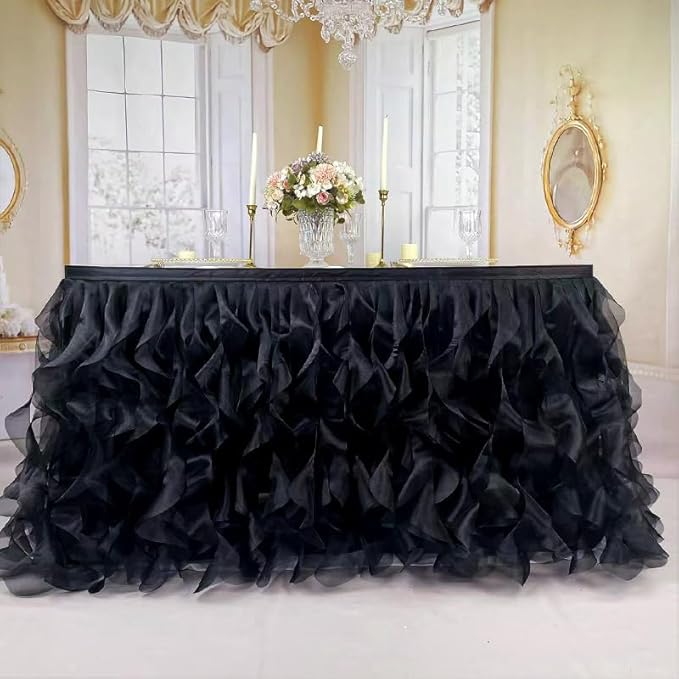 Luxury Organza Mesh Table Skirt Draping Floating Romance - Perfect for Bridal Showers, Birthday Weddings - Clear Flowing Decoration for a Wonderful Main Cake Table (Black-9ft, 108" Lx30 H)